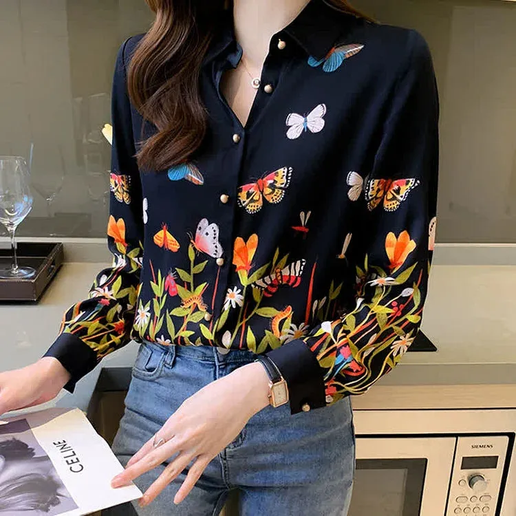 Butterfly Floral Print Lapel Long Sleeve Collar Shirt Workwear