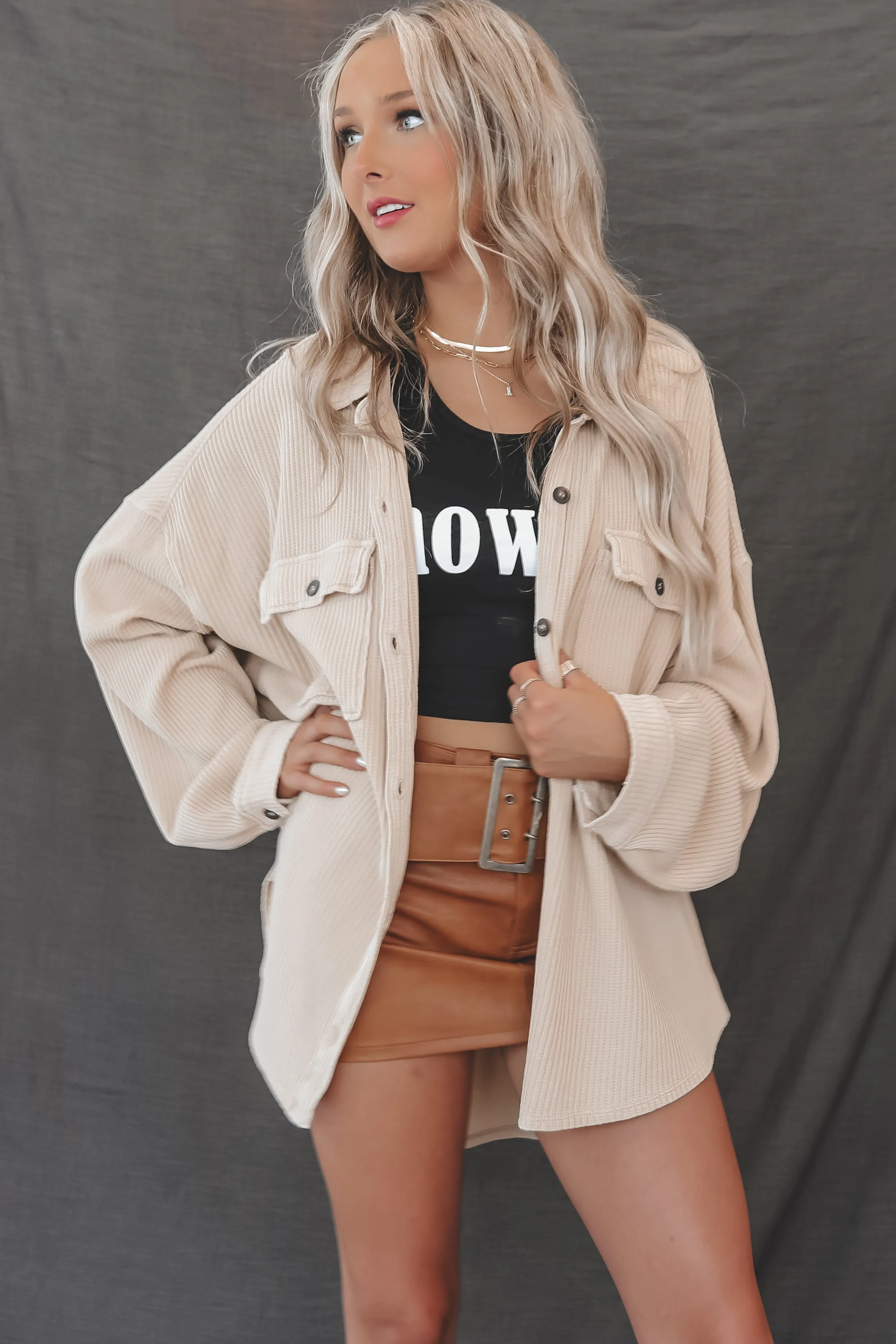DEAL Right Here Right Now Taupe Ribbed Shacket Top