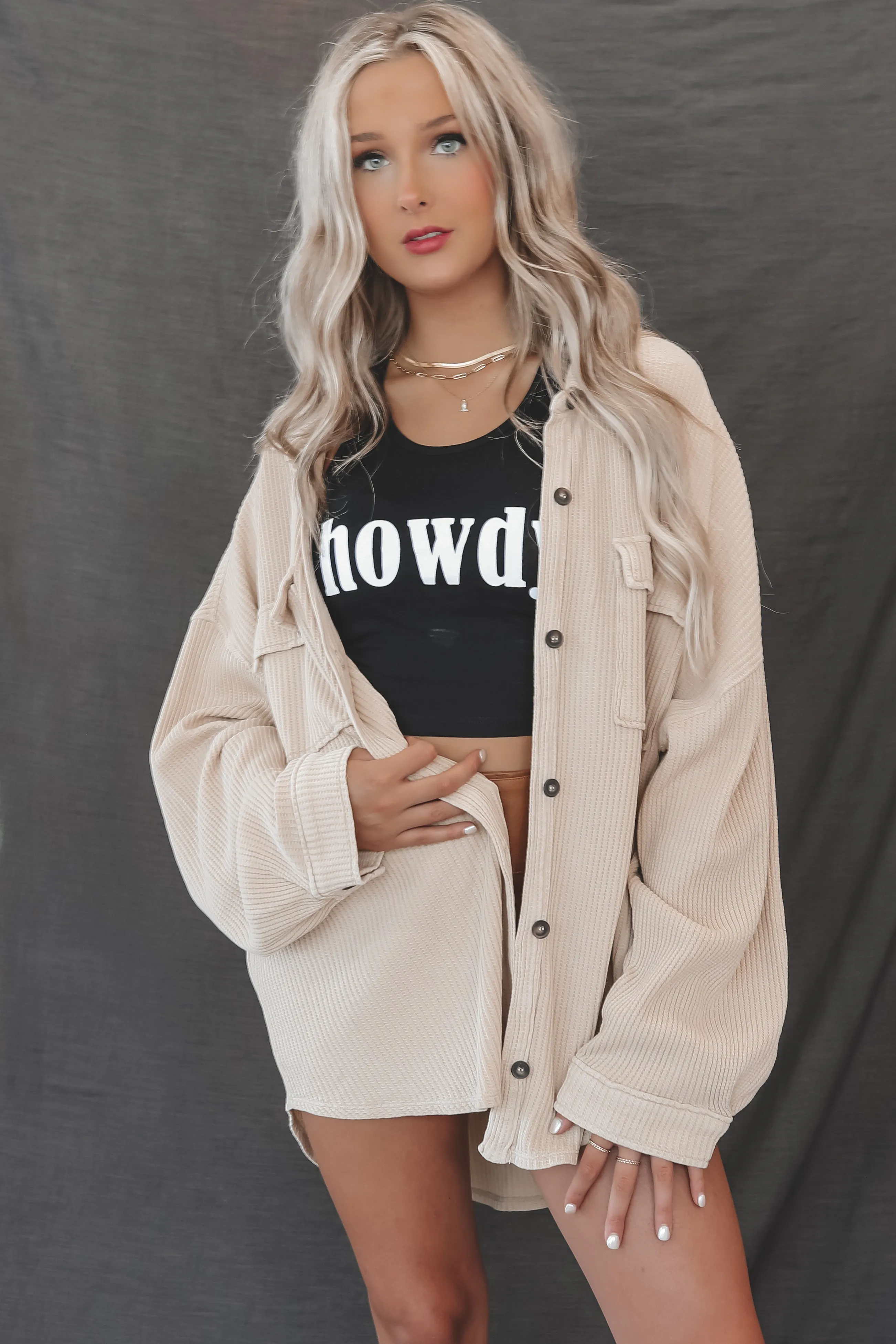 DEAL Right Here Right Now Taupe Ribbed Shacket Top