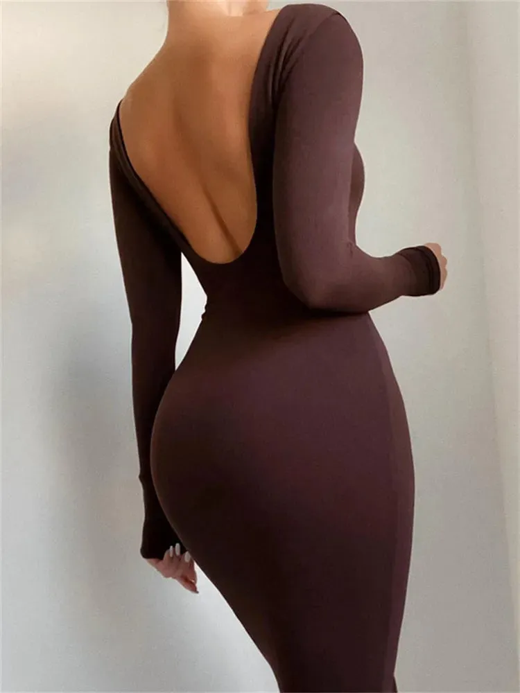 DressBetty - 2024 Elegant Backless Brown Long Sleeve Midi Bodycon Dress