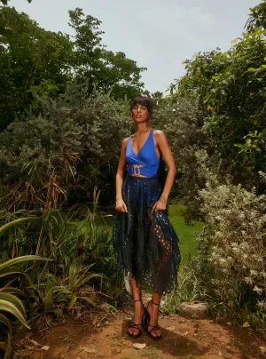 Faro Blue Nylon Laser-Cut Asymmetrical Skirt