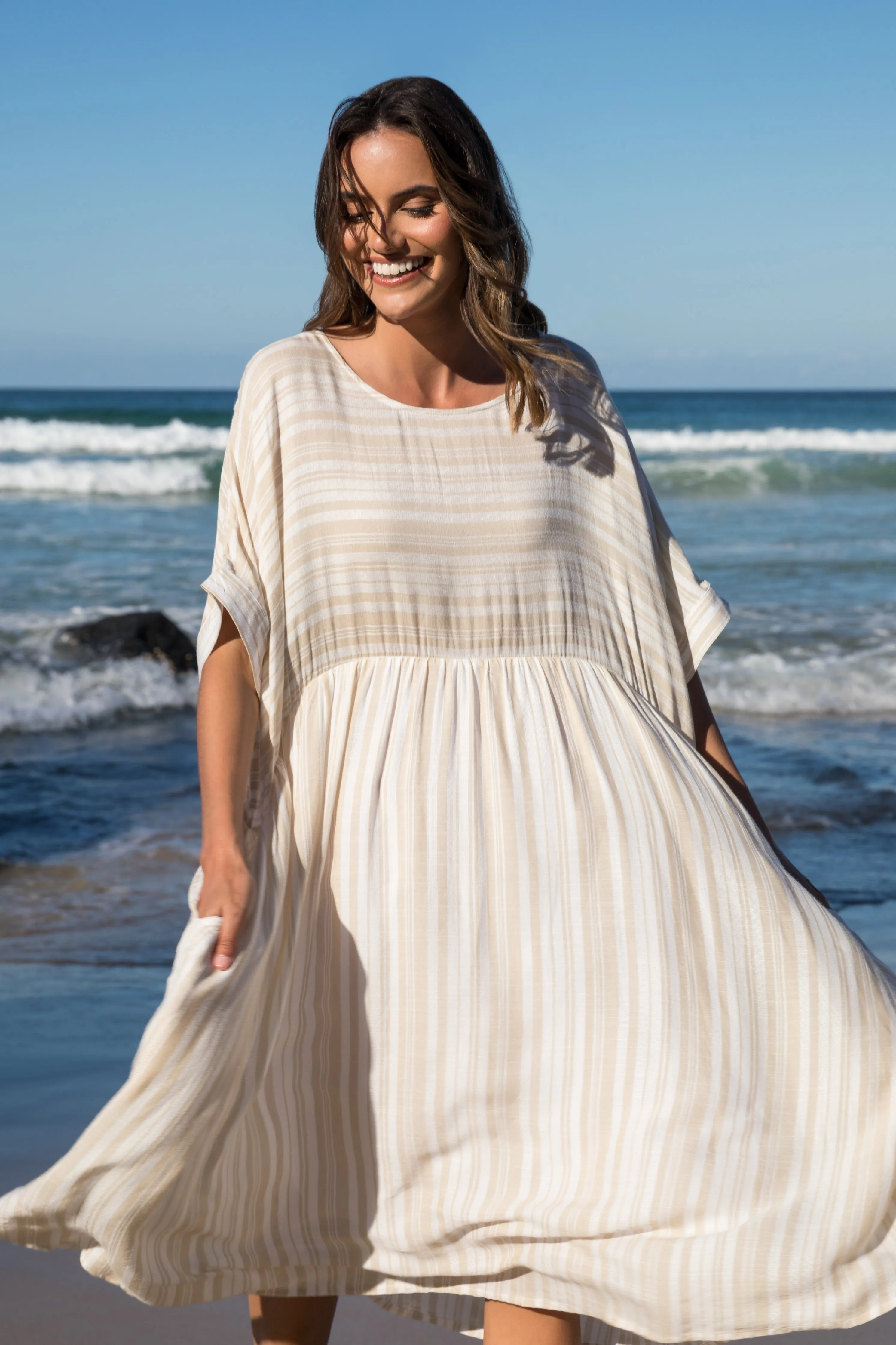 FINAL SALE Beachy Dress in Beige Stripe
