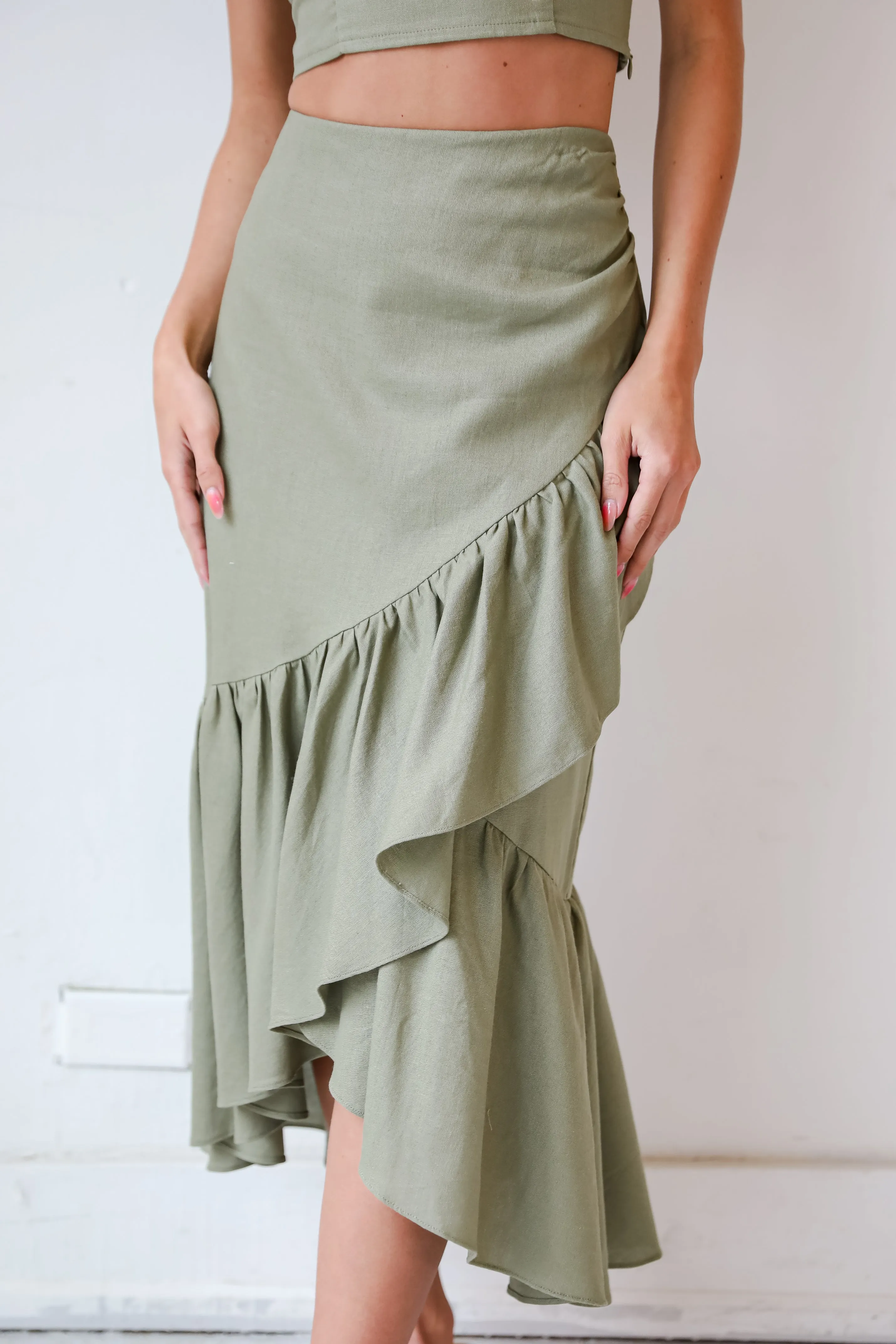 FINAL SALE - Social Favorite Olive Ruffle Midi Skirt