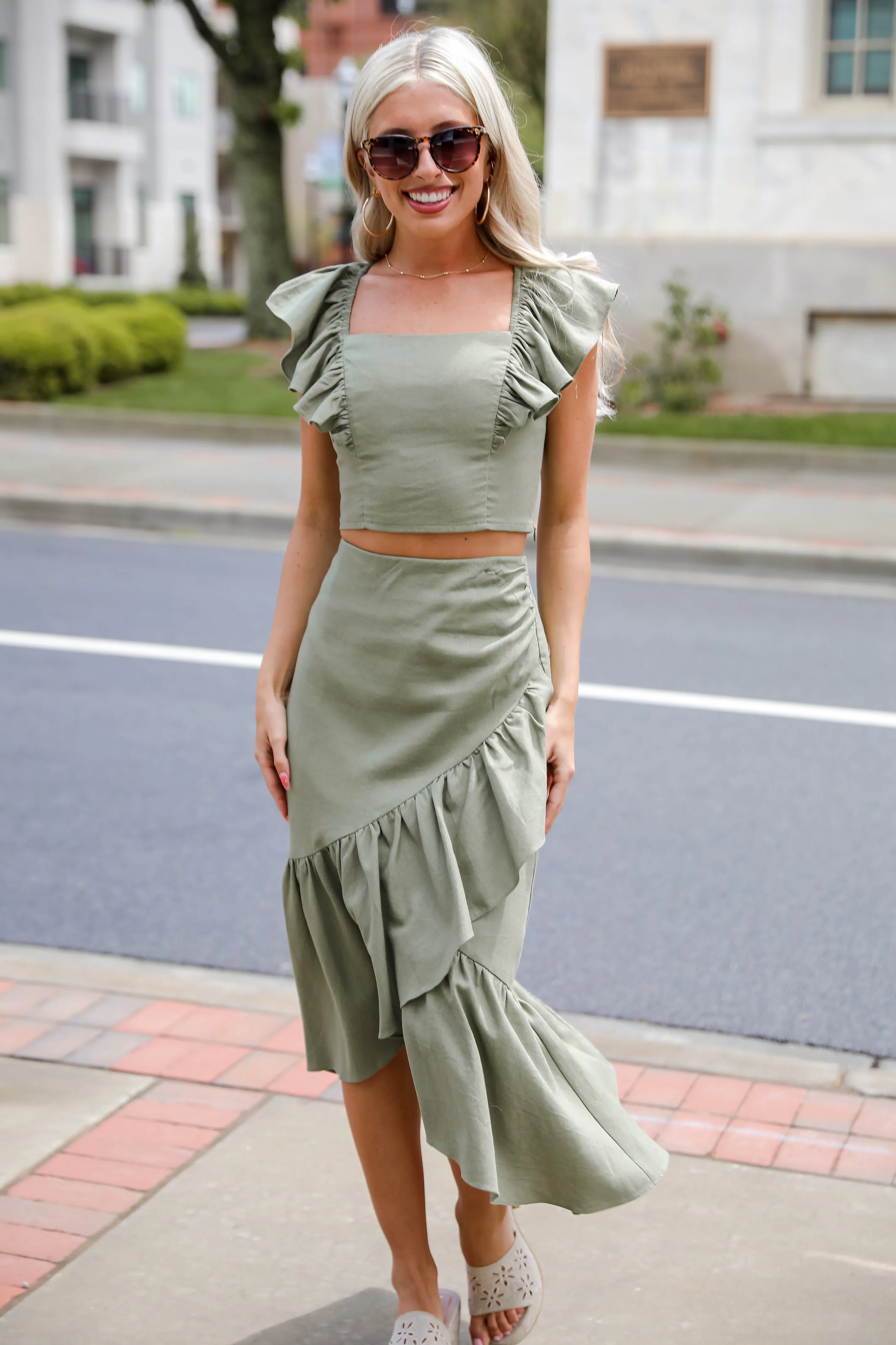 FINAL SALE - Social Favorite Olive Ruffle Midi Skirt