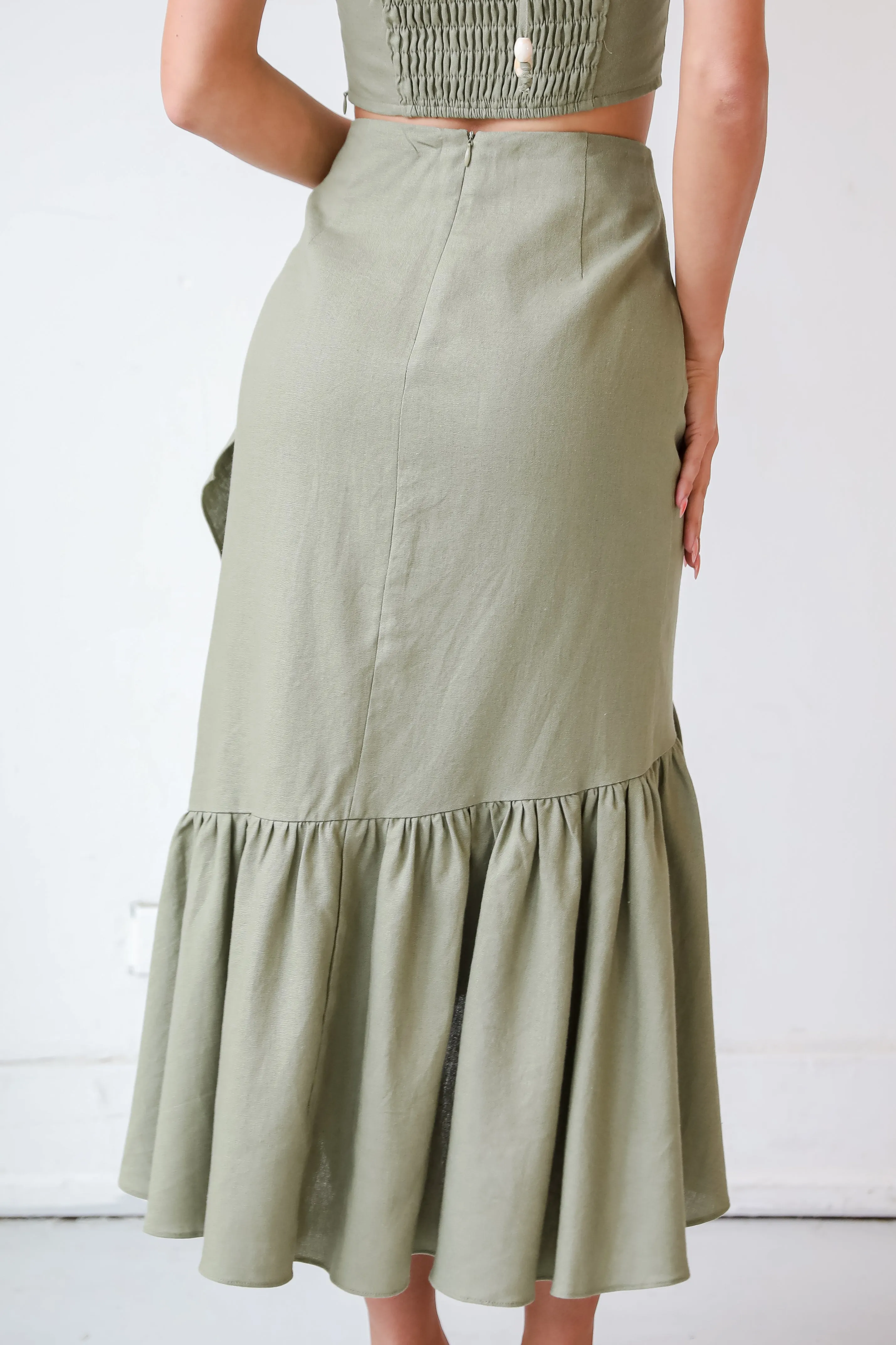 FINAL SALE - Social Favorite Olive Ruffle Midi Skirt