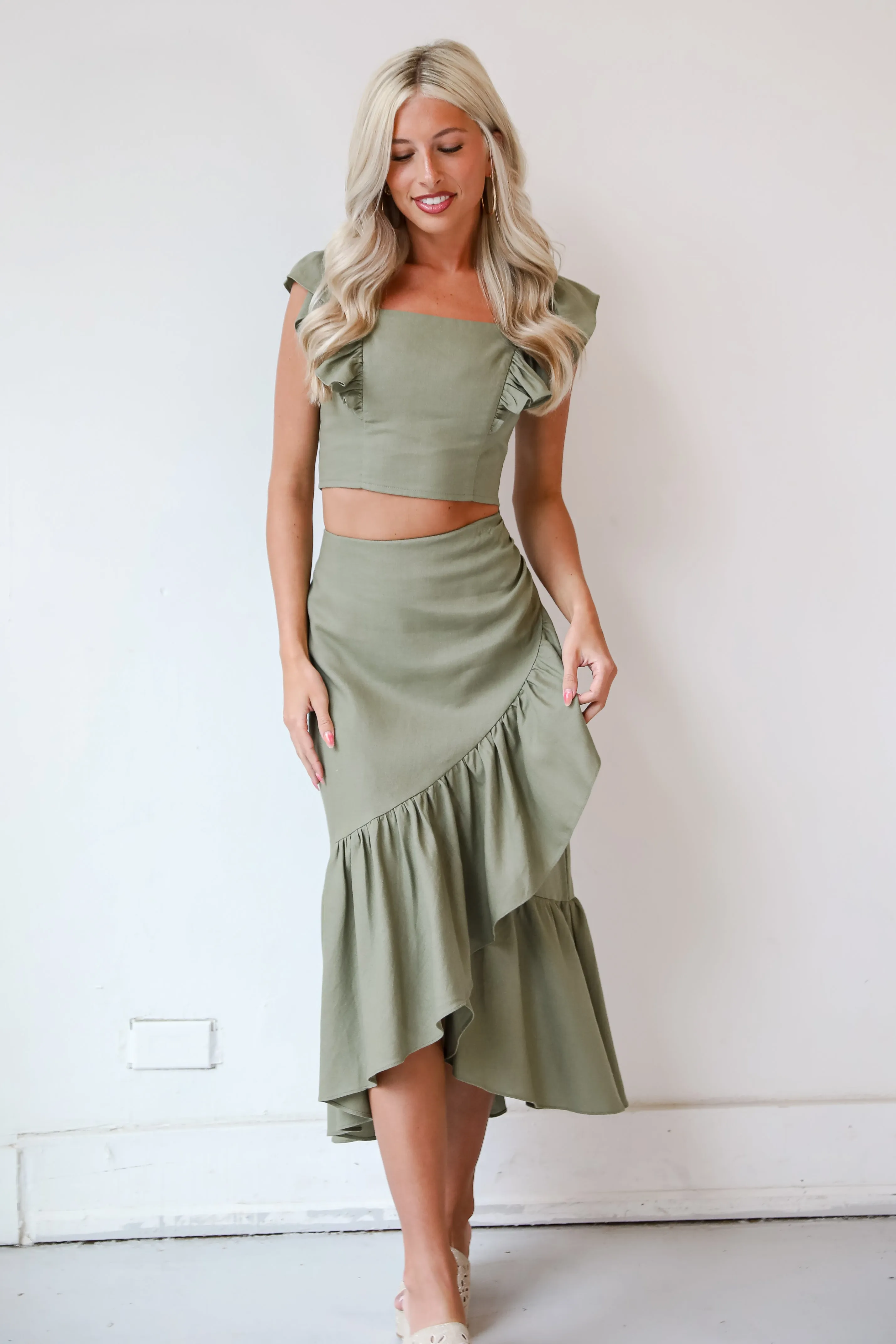 FINAL SALE - Social Favorite Olive Ruffle Midi Skirt