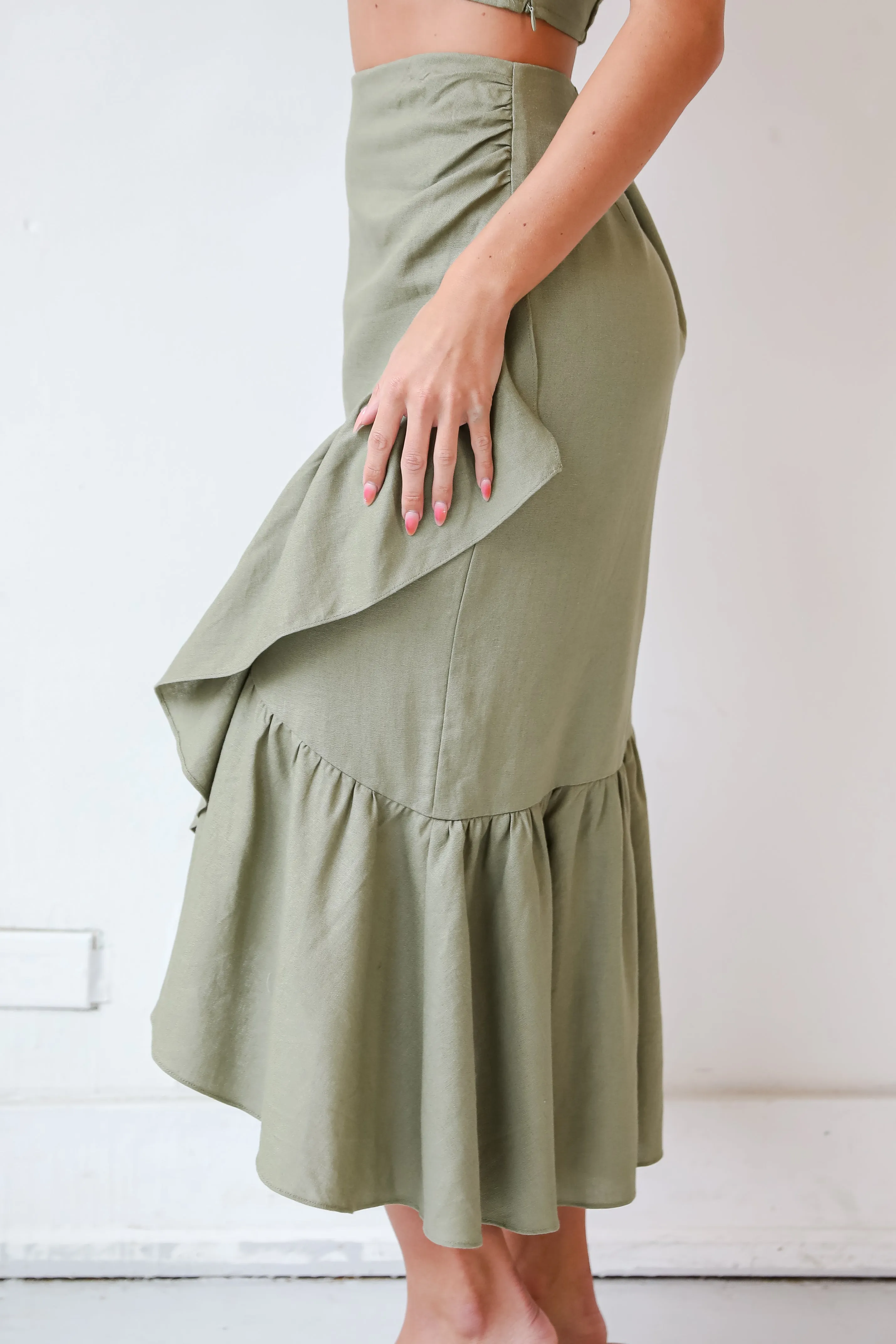 FINAL SALE - Social Favorite Olive Ruffle Midi Skirt
