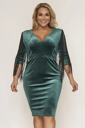 Green Velvet Plus Size Bodycon Dress with Fringe