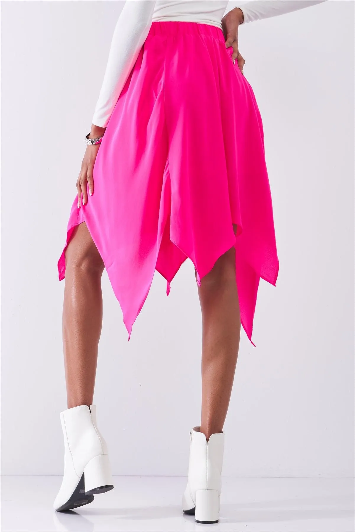 Hot Pink Solid Chiffon High Waist Leafy Midi Skirt /1-2-2-1