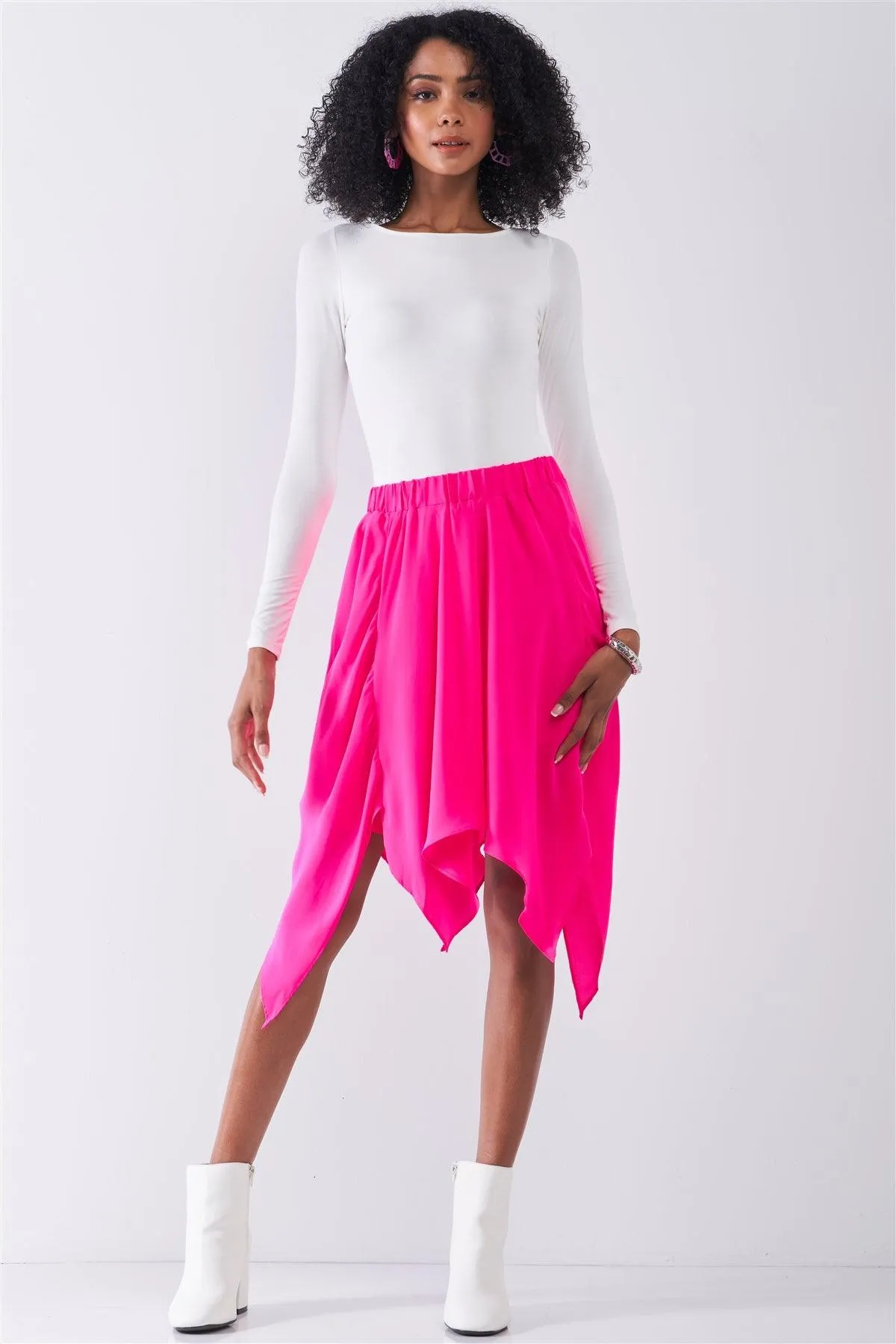 Hot Pink Solid Chiffon High Waist Leafy Midi Skirt /1-2-2-1