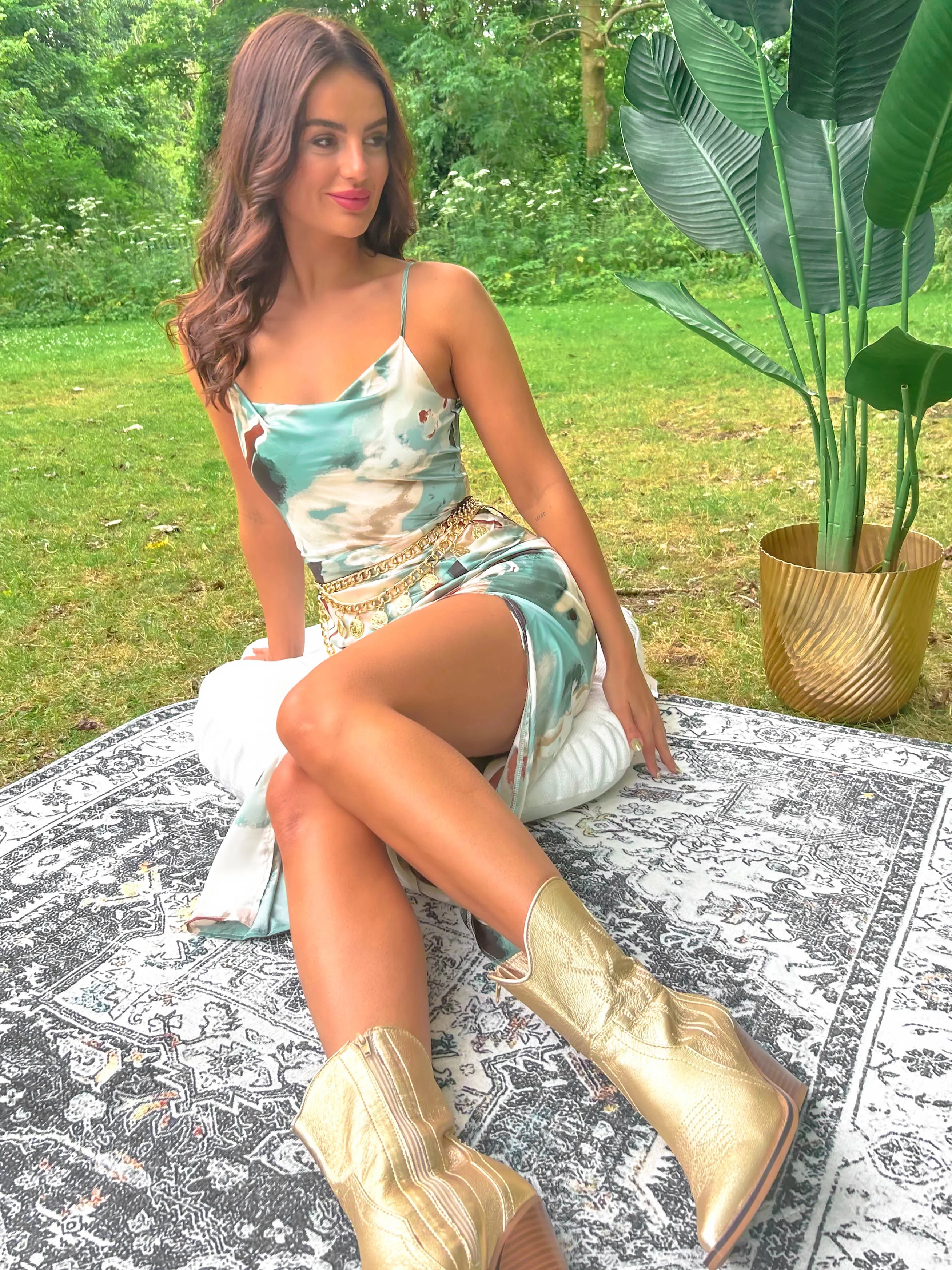 Just A Fling - Green Cream Abstract Print Midi Dress