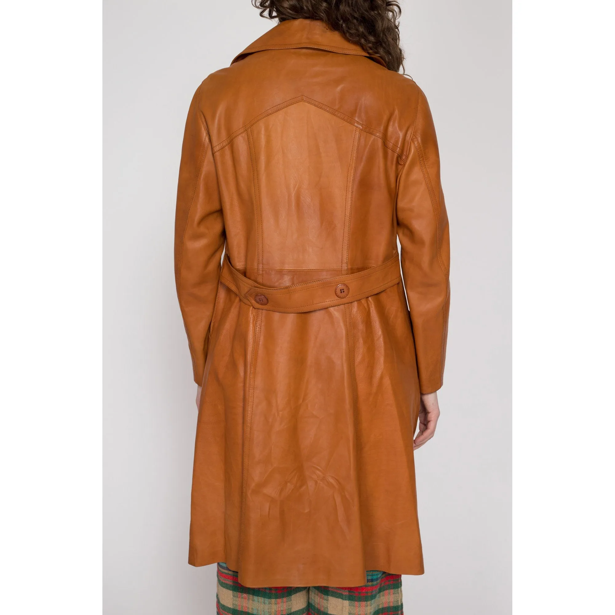 Large 70s Caramel Brown Long Leather Jacket