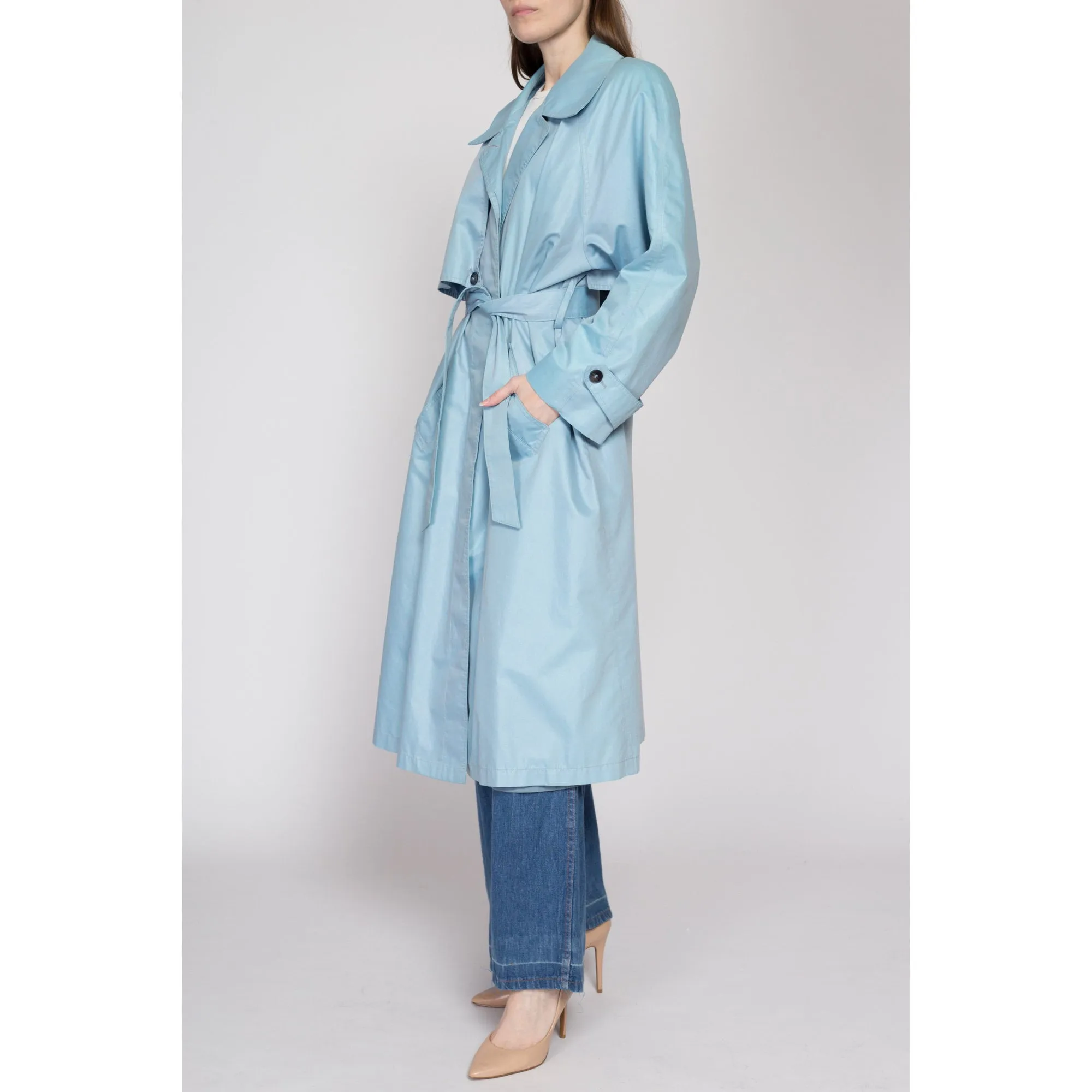 Large 80s London Fog Iridescent Blue Belted Trench Coat