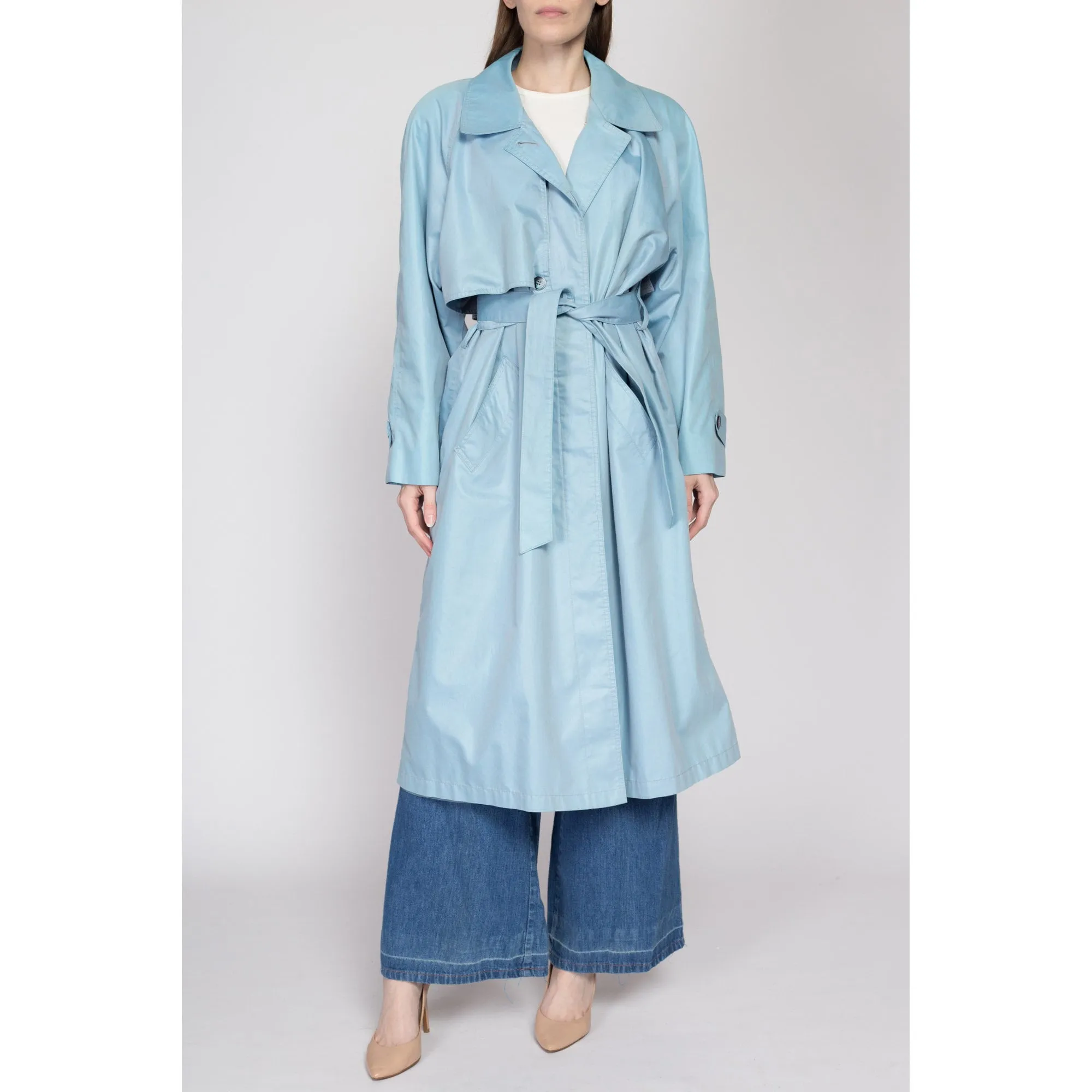 Large 80s London Fog Iridescent Blue Belted Trench Coat