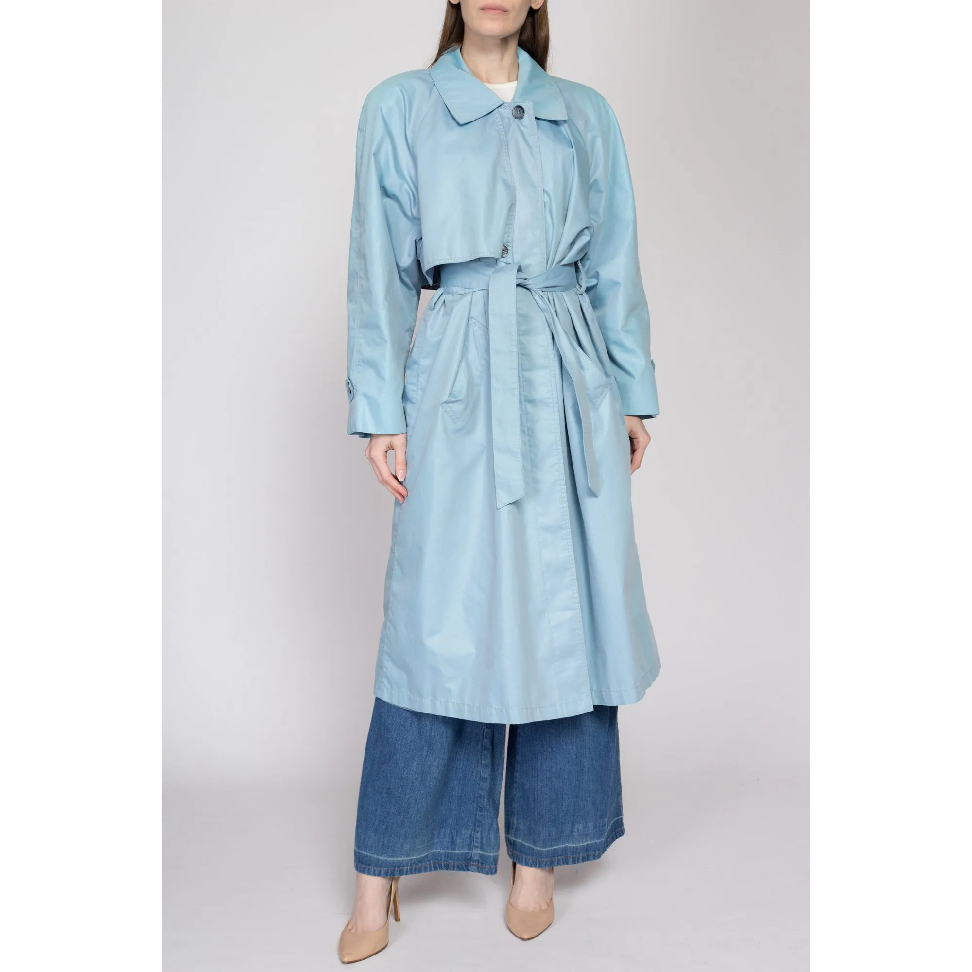 Large 80s London Fog Iridescent Blue Belted Trench Coat