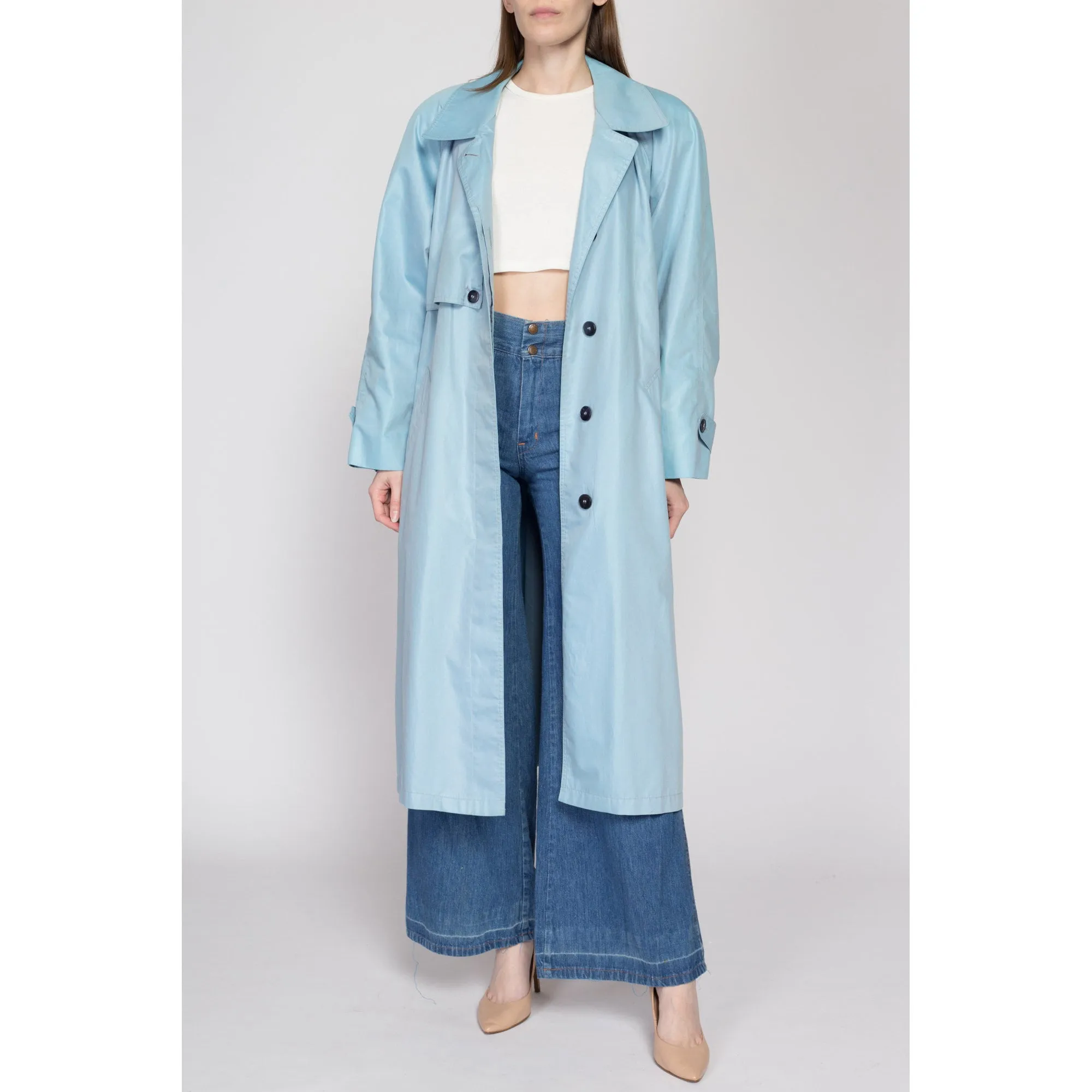 Large 80s London Fog Iridescent Blue Belted Trench Coat