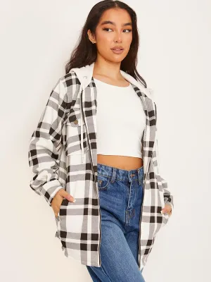 Lisa Thick Checked Shacket With Zip & Hood In White