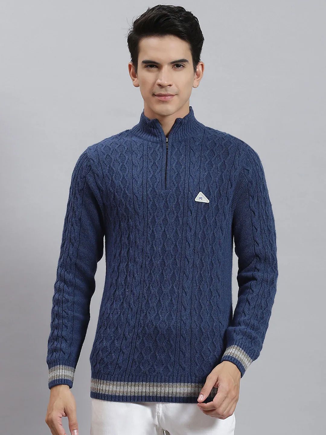 Men Blue Self Design H Neck Full Sleeve Sweaters/Pullovers