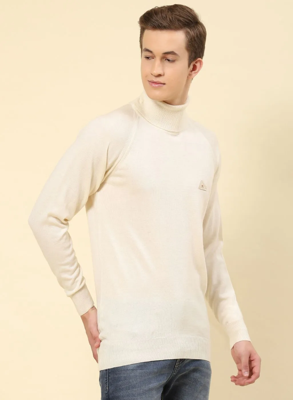 Men Cream Solid Blend wool Pullover
