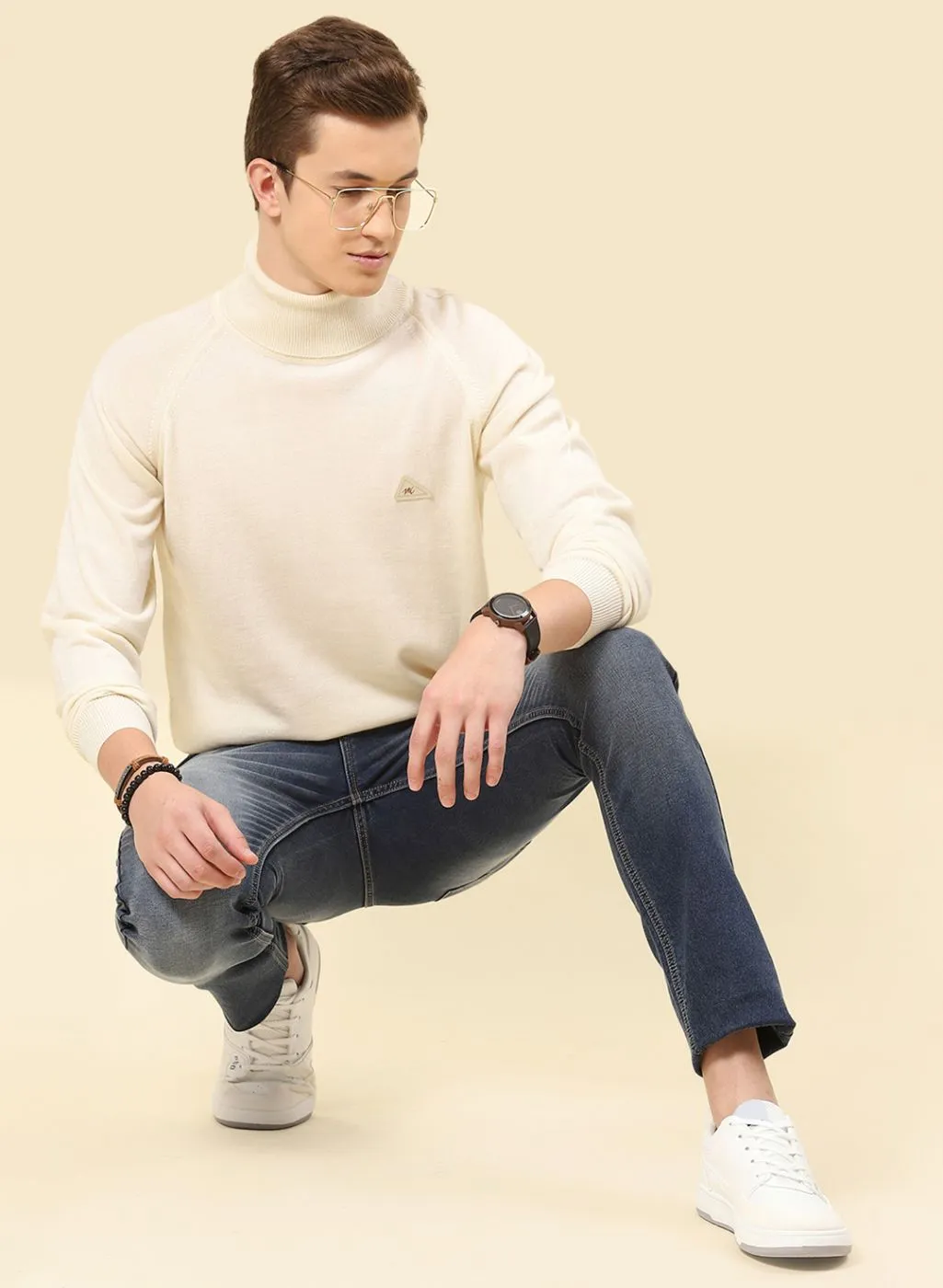 Men Cream Solid Blend wool Pullover
