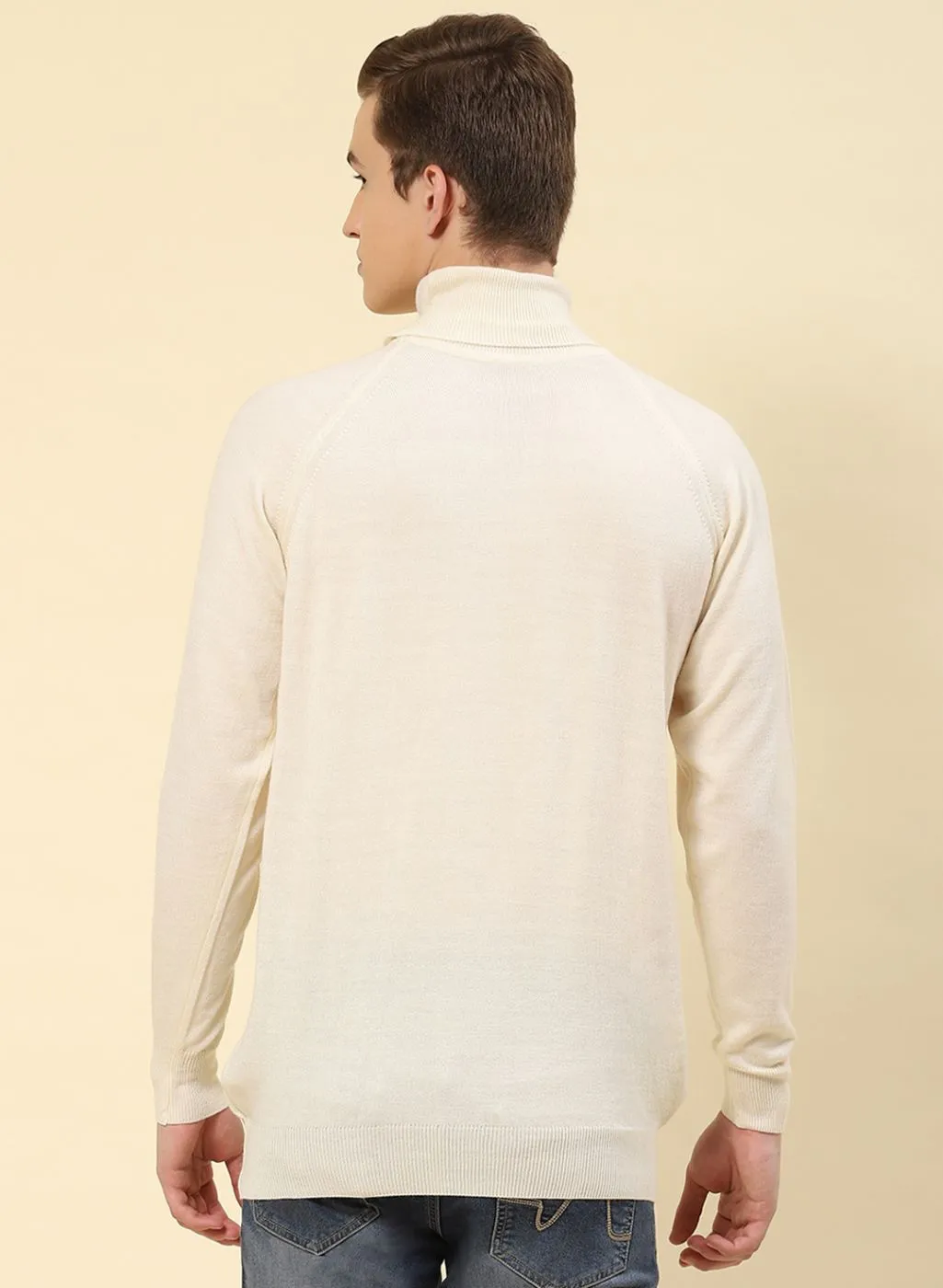 Men Cream Solid Blend wool Pullover