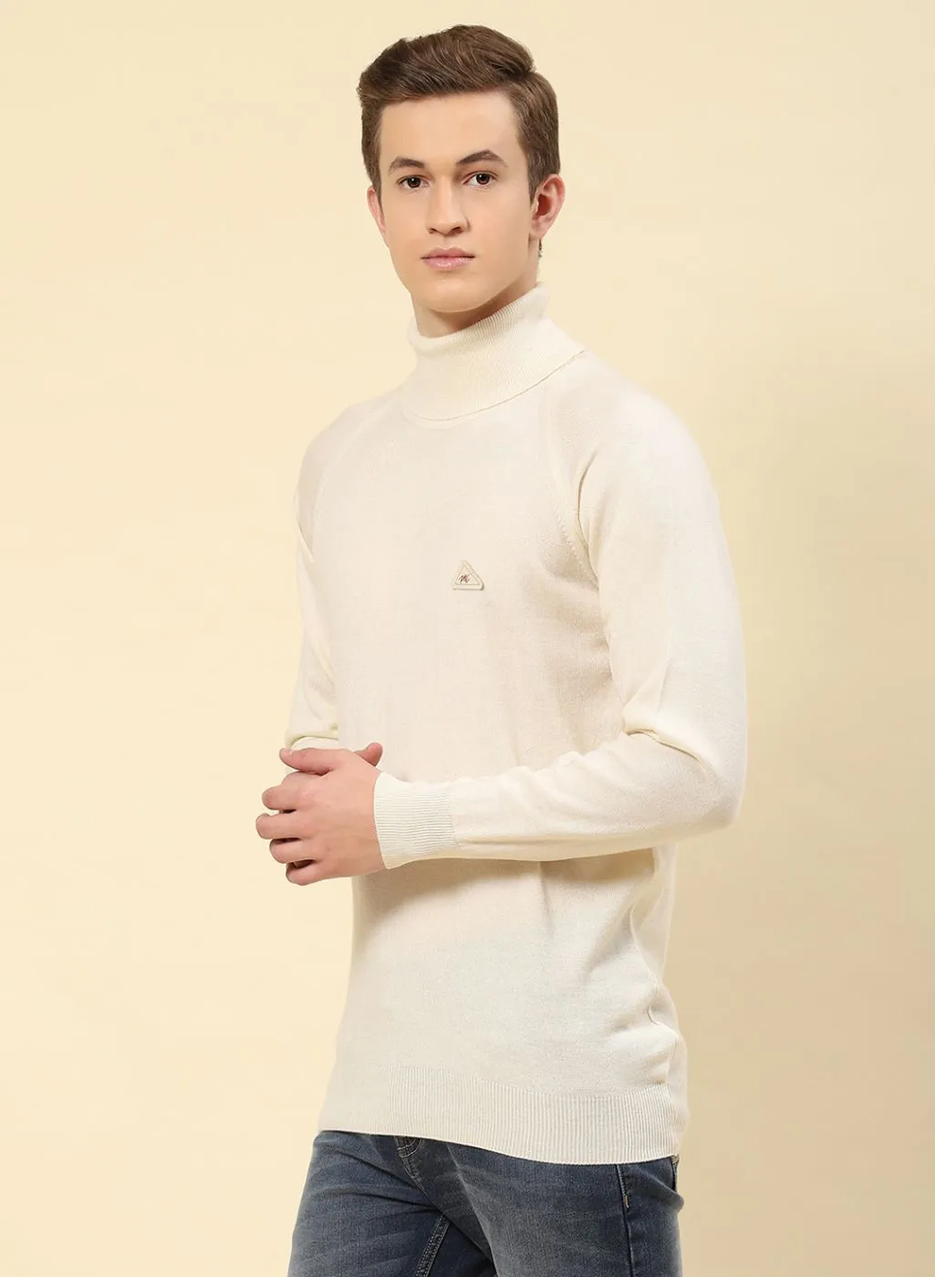 Men Cream Solid Blend wool Pullover