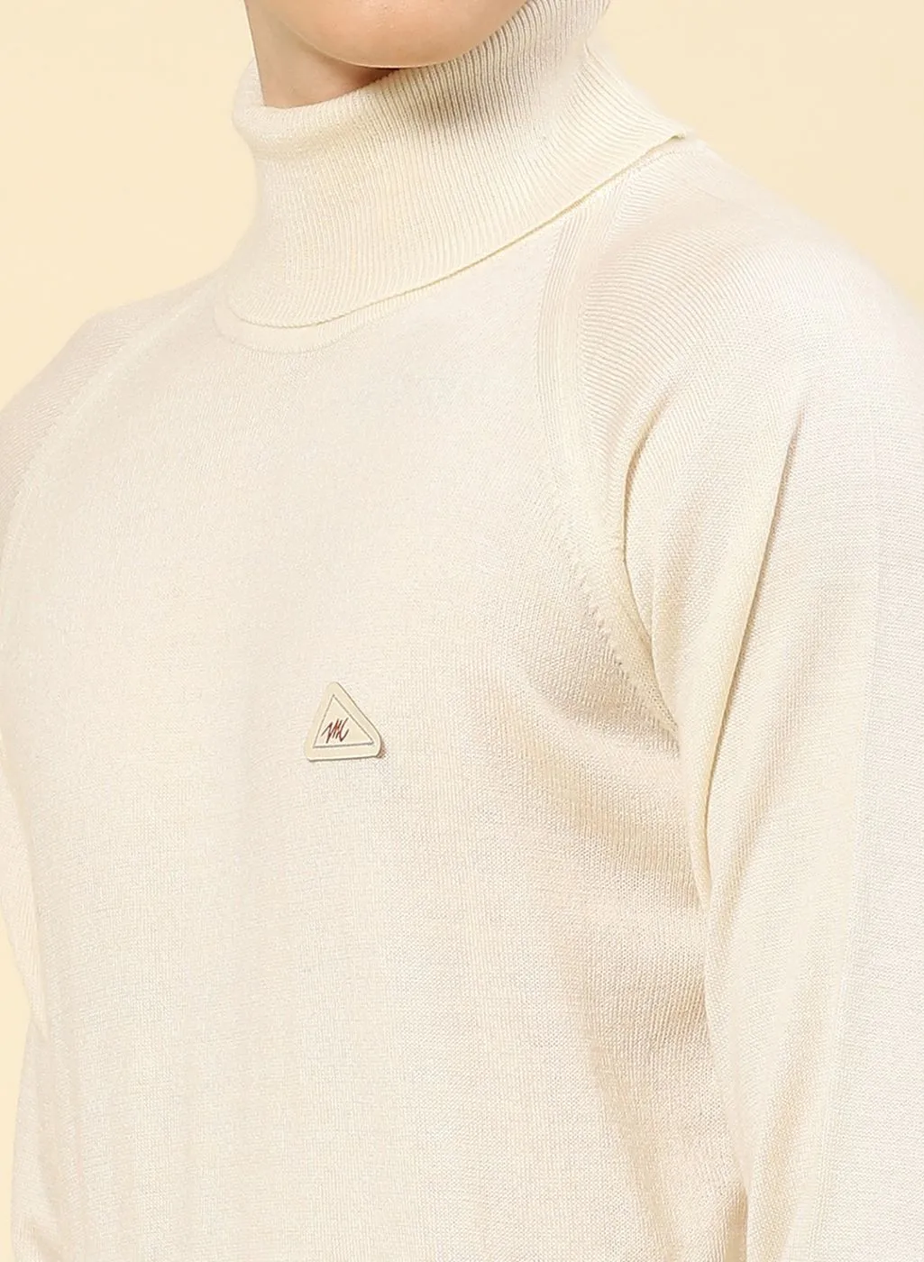 Men Cream Solid Blend wool Pullover