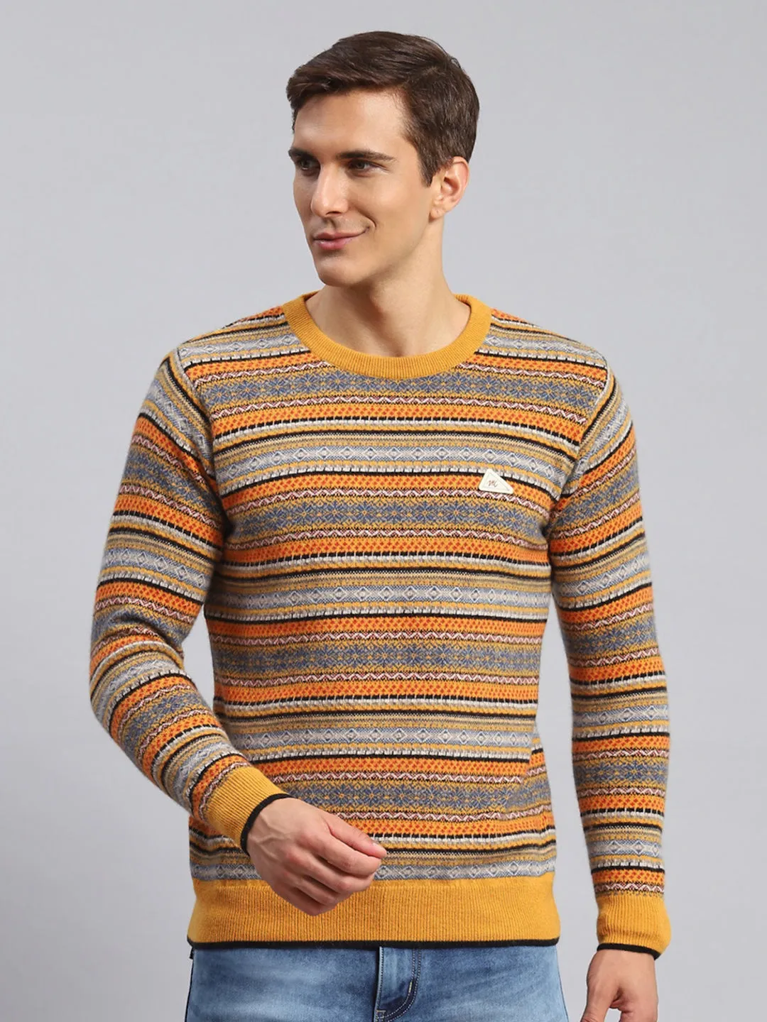 Men Mustard Jaquard Lamb wool Pullover