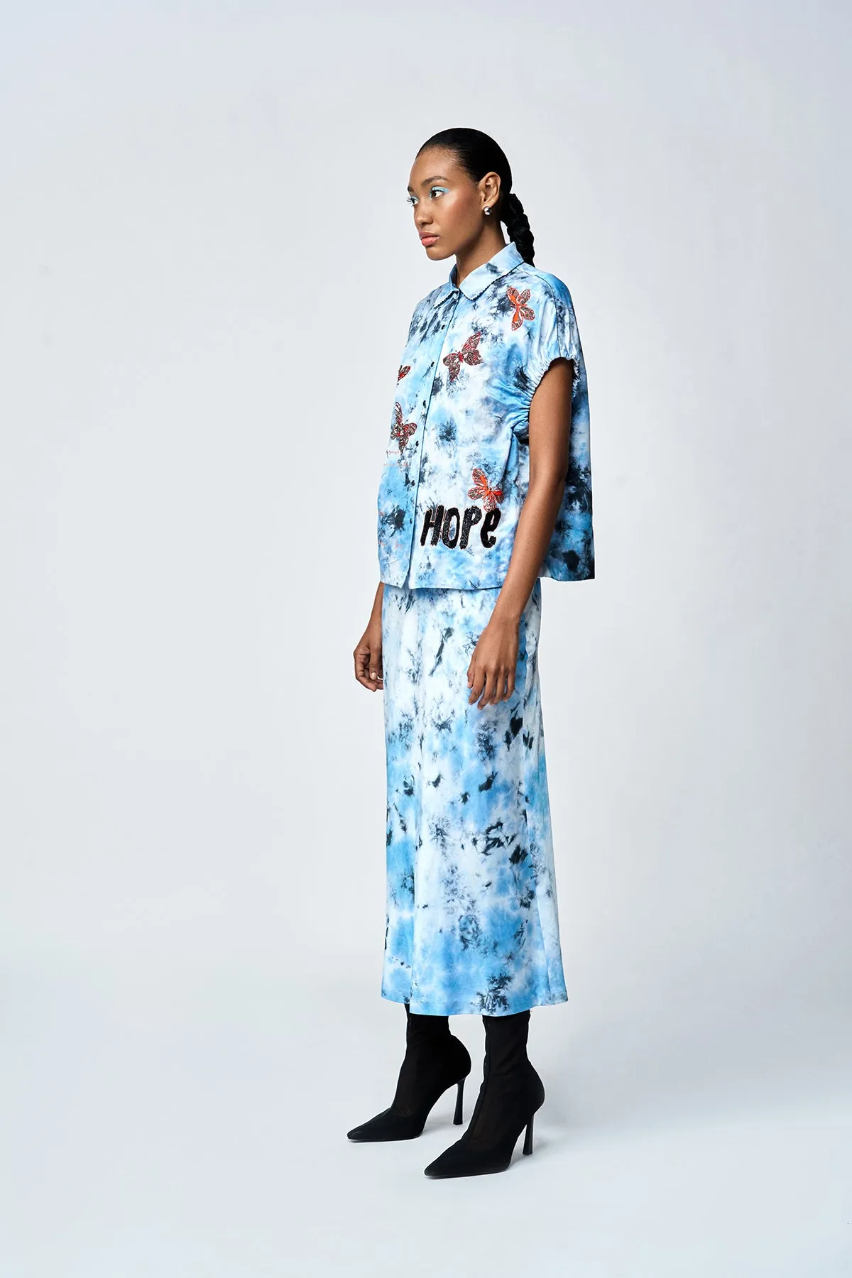 PENCIL SKIRT OF ( BUTTERFLY SCRIBBLE ELASTICATED TOP )