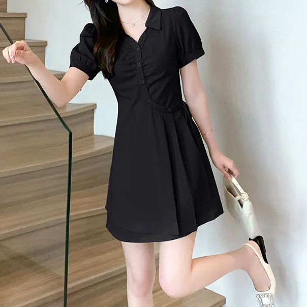 Pleated Short-Sleeve Neck Lapel Slim Dress