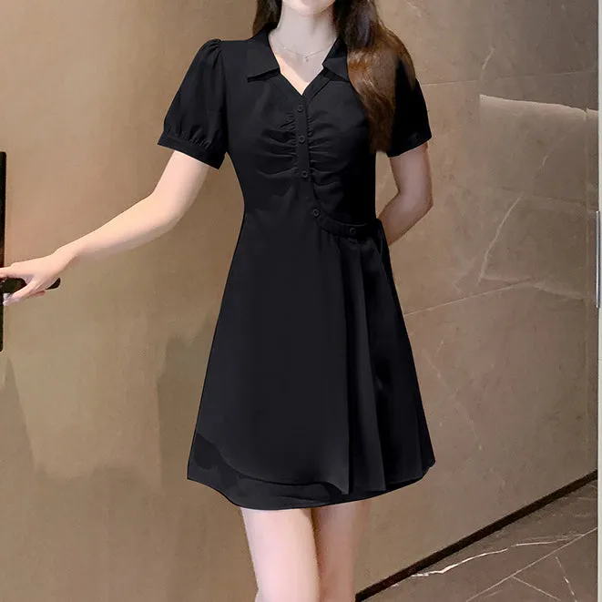 Pleated Short-Sleeve Neck Lapel Slim Dress