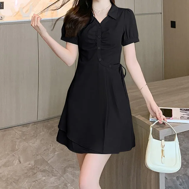 Pleated Short-Sleeve Neck Lapel Slim Dress