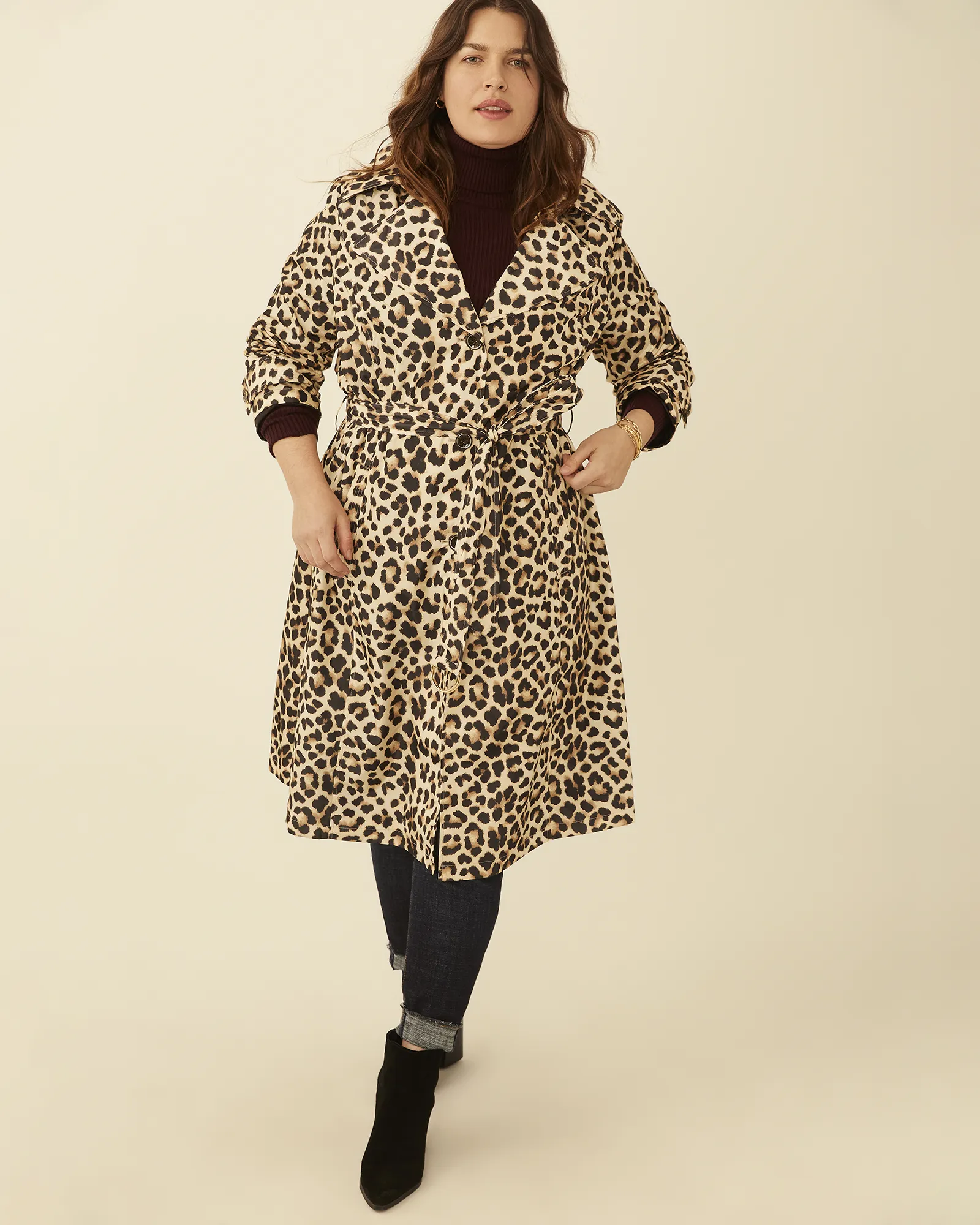 Quinn Leopard-Print Trench Coat | Tan / Brown