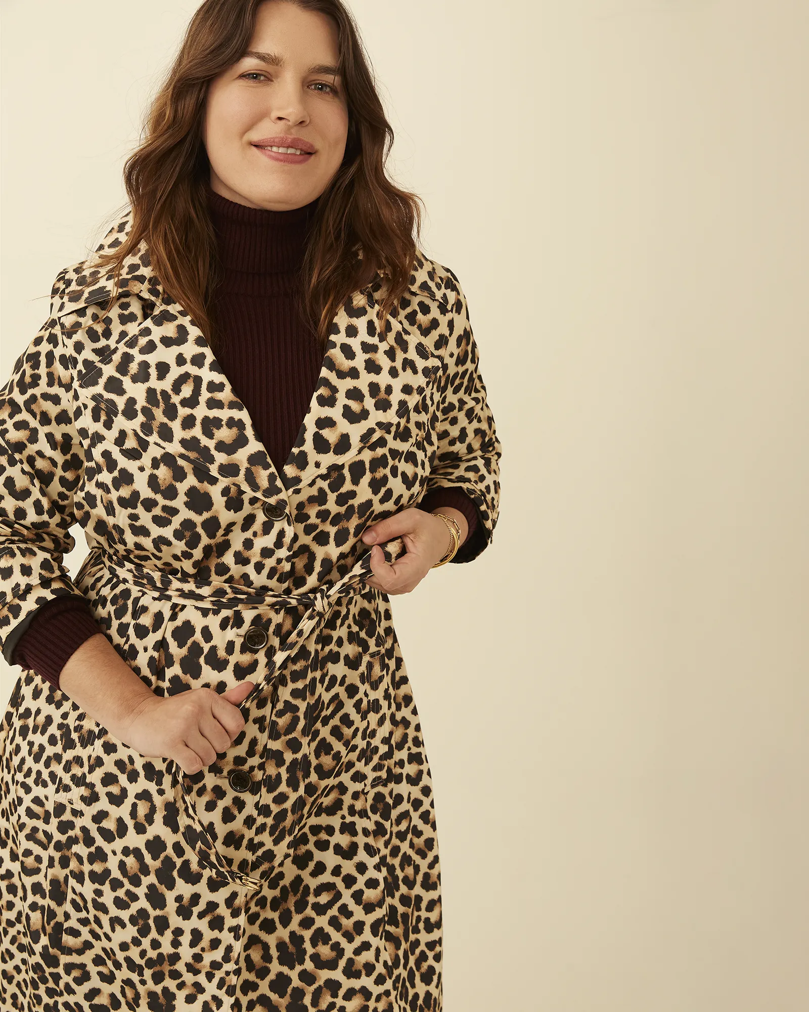 Quinn Leopard-Print Trench Coat | Tan / Brown