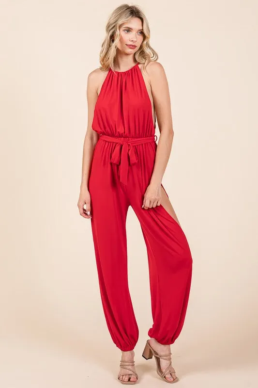 Red Halter Neck Shirred Belted Split Leg Jumpsuit
