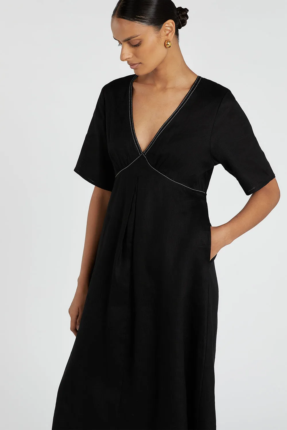 RHODES BLACK LINEN MIDI DRESS