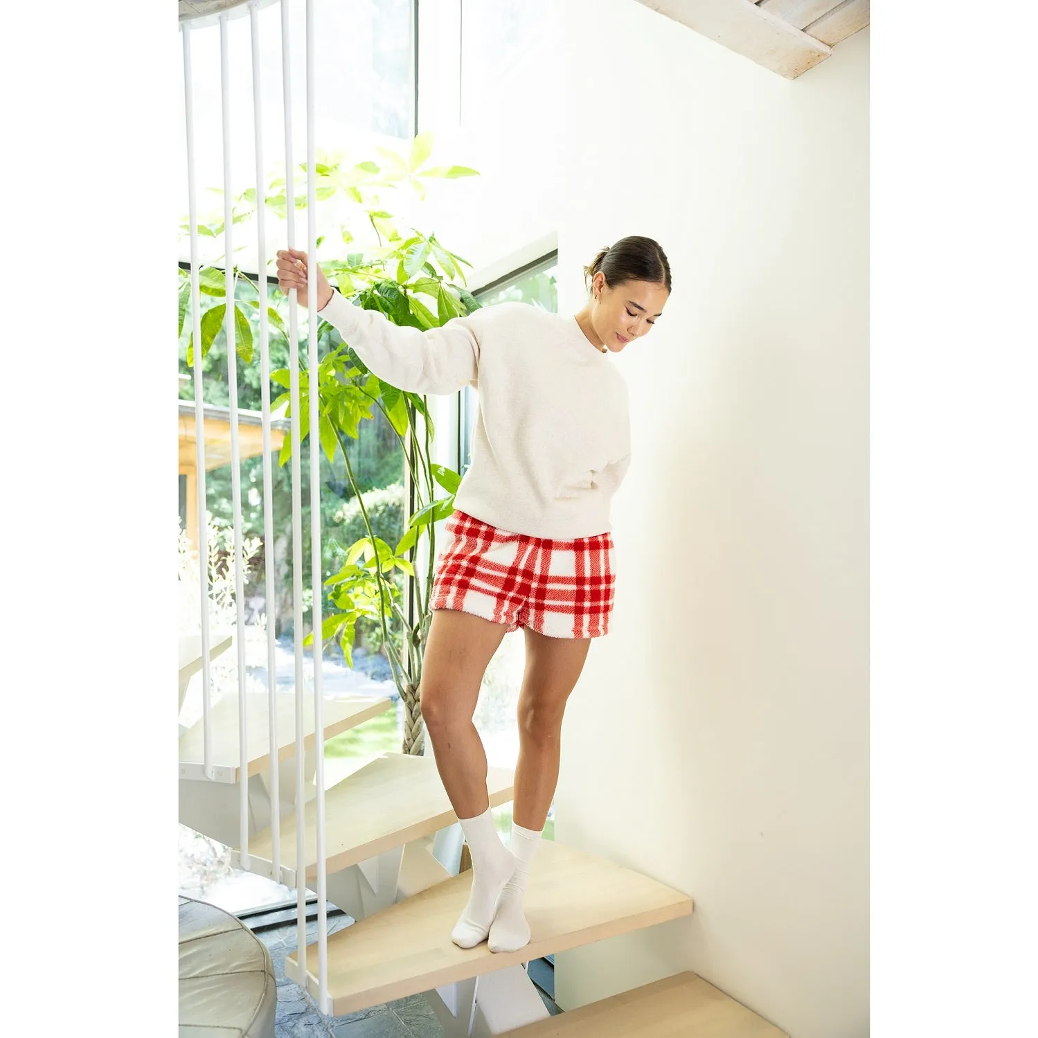 Sherpa Fleece Plaid Sweatshorts - Red/Cream