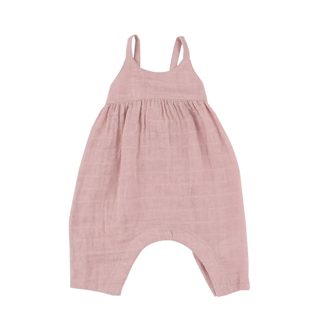 Solid Muslin Rose Smoke Tie Back Romper