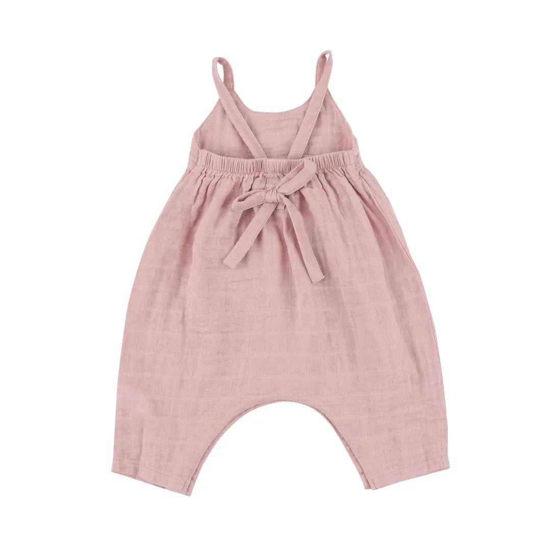 Solid Muslin Rose Smoke Tie Back Romper