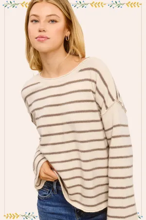 Striped Round Neck Loose Fit Long Sleeve Sweater