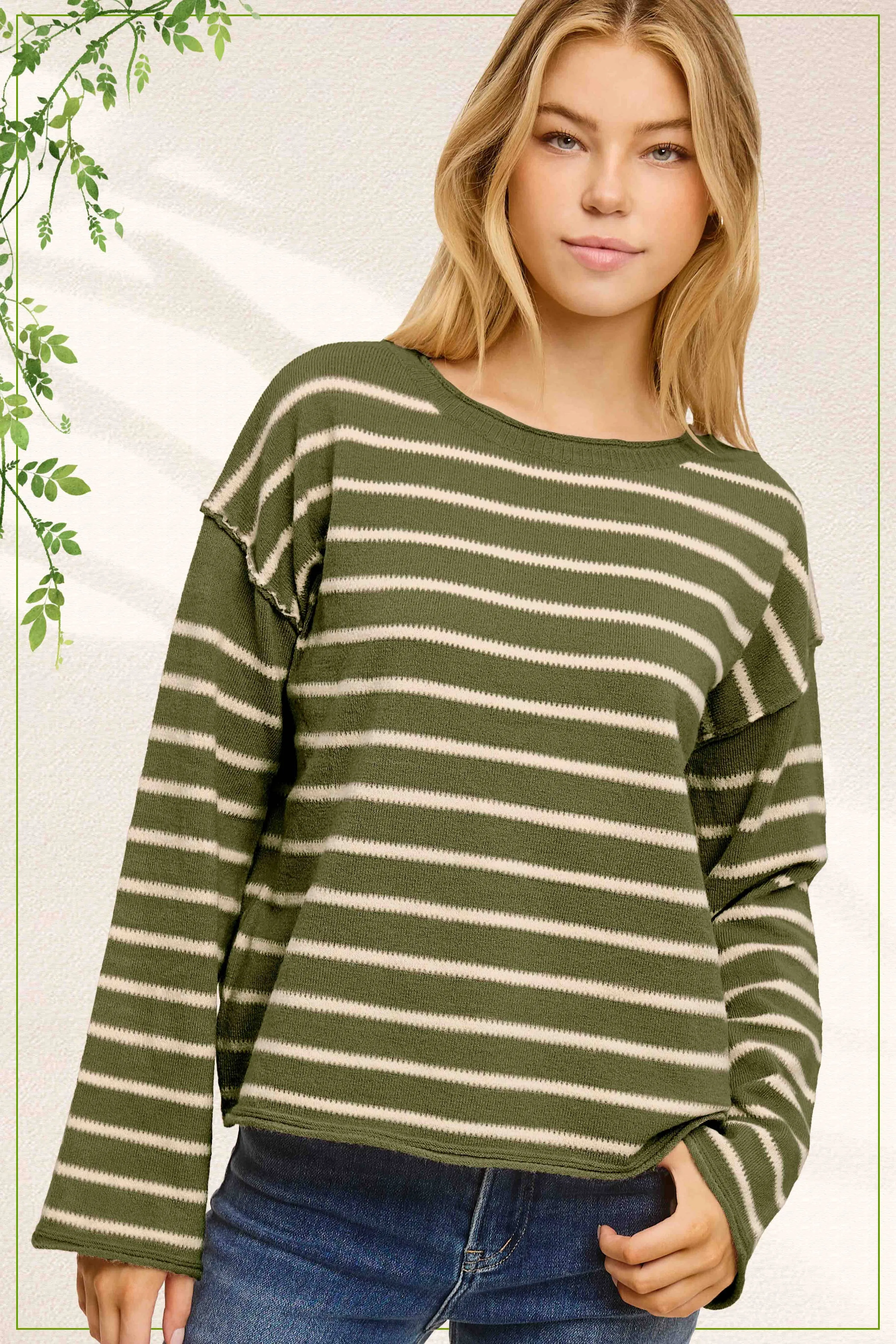 Striped Round Neck Loose Fit Long Sleeve Sweater