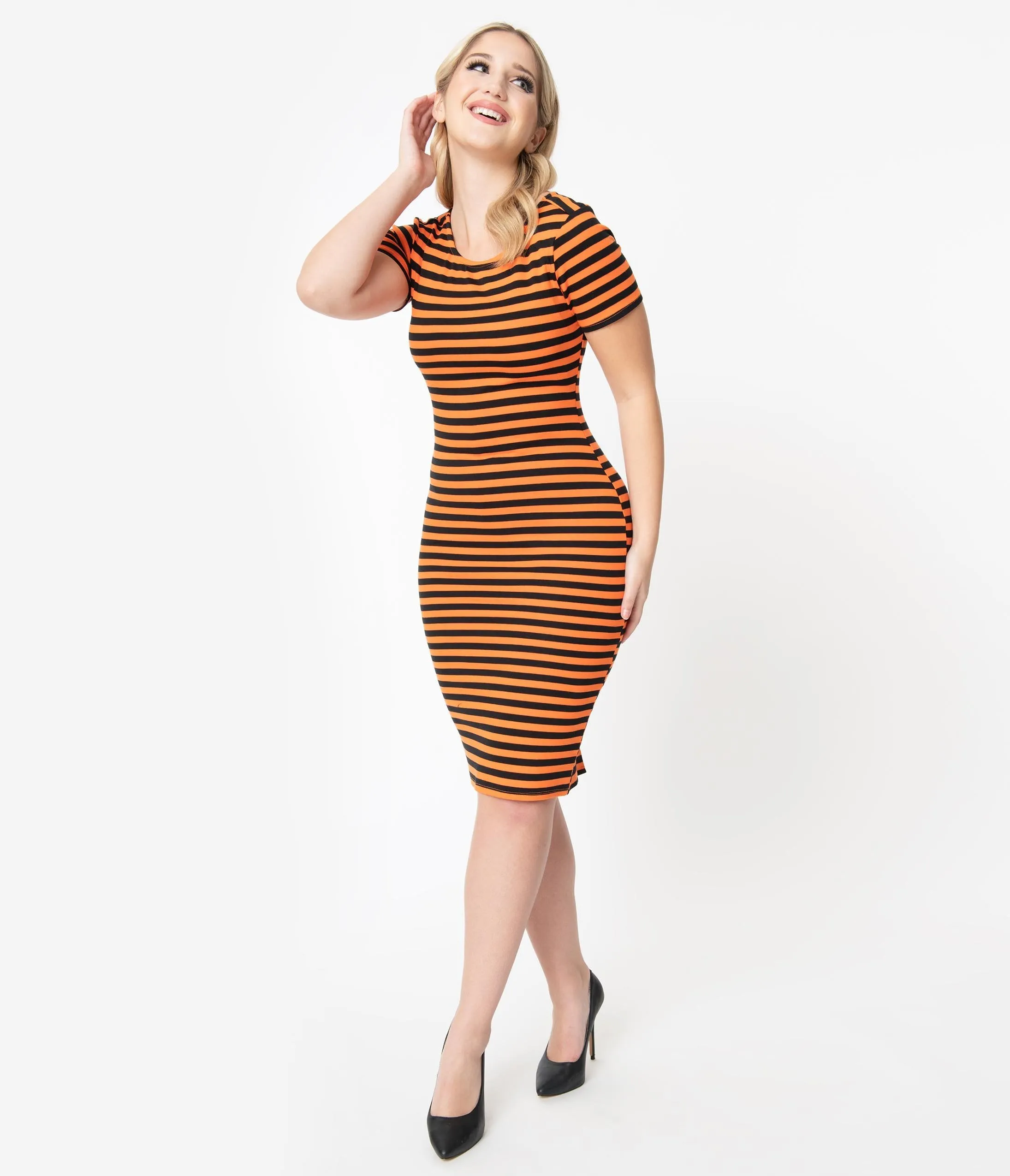 Unique Vintage 1960s Black & Orange Stripe Presley Wiggle Dress