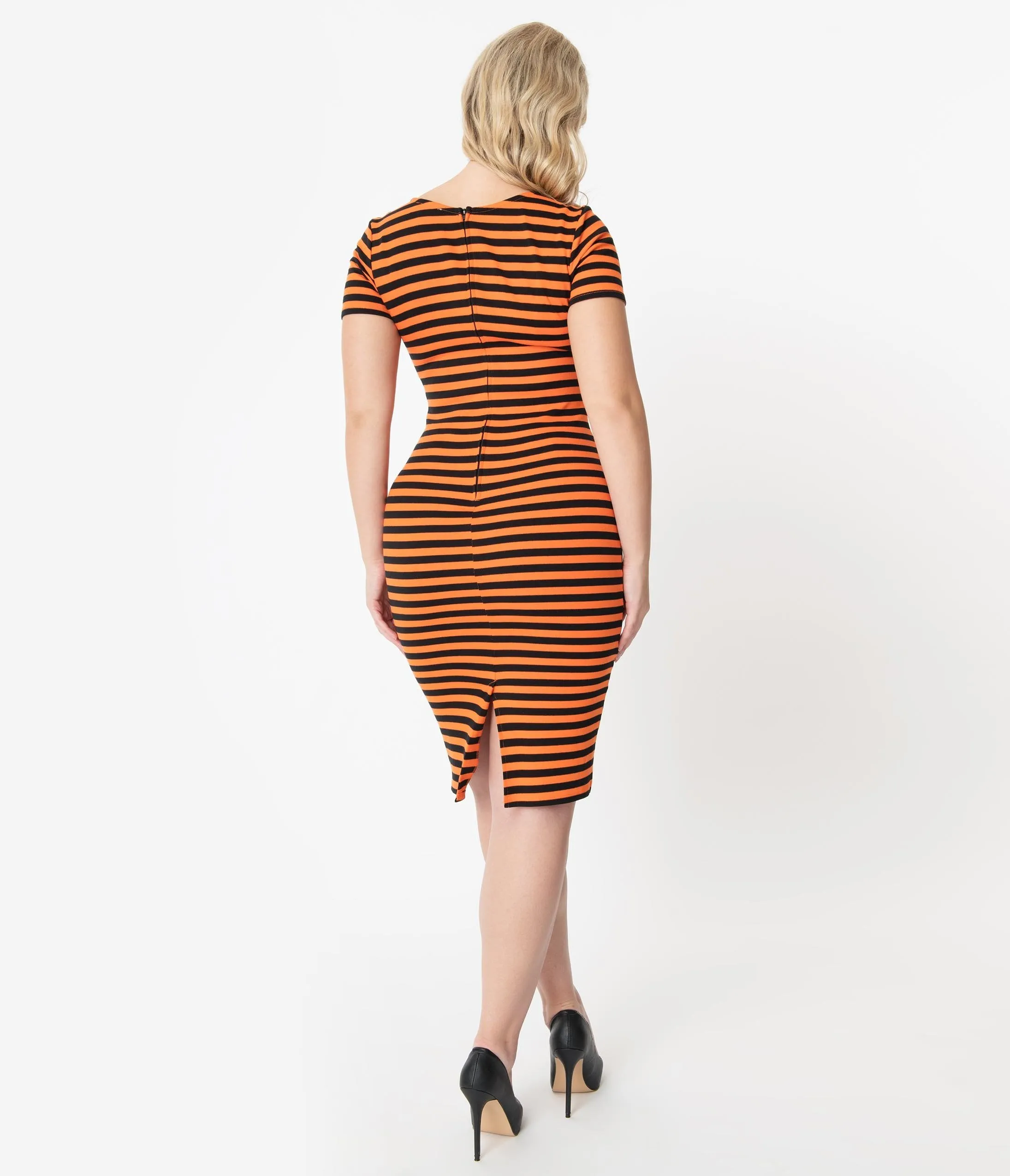 Unique Vintage 1960s Black & Orange Stripe Presley Wiggle Dress