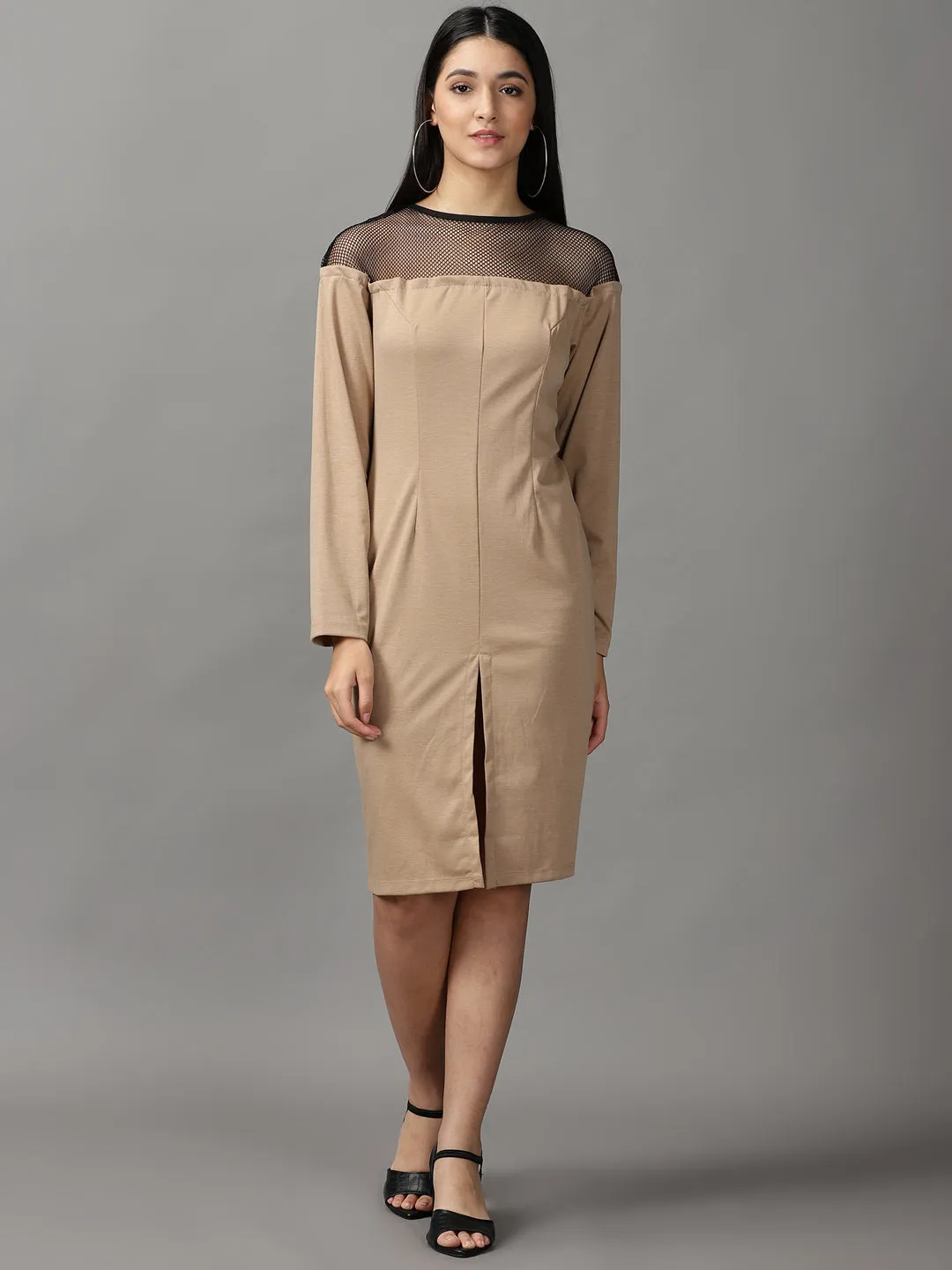 Women's Beige Solid Bodycon Dress